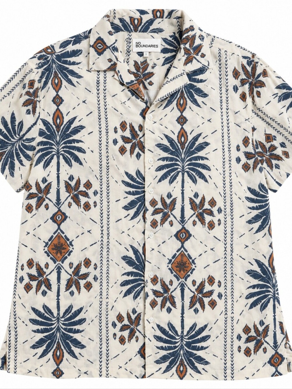 No Boundaries White Short-Sleeve Button-Up Shirt with Blue & Brown Print
